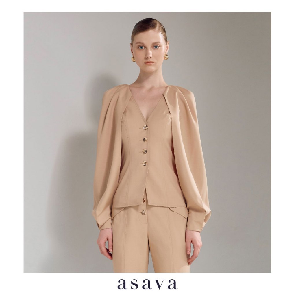 [asava ss25] Asava Voluminous Sleeve Top เสื้อผู้หญิง แขนพองยาว คอวี แต่งกระดุมหน้า แต่งชายบานออก