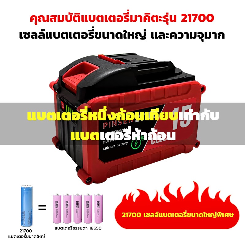 PINSEN แบตเตอรี่ลิเธียม Makita 21V, เซลล์พลังงาน 21700, MOSFET 5 ตัว, 5C คายประจุต่อเนื่องนานกว่า 8 ชั่วโมง