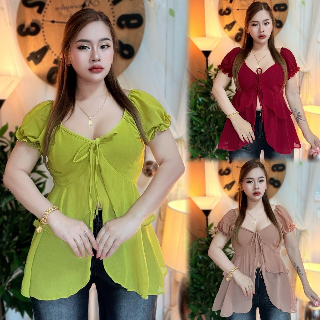เสื้อสาวอวบ**ร้าน ปอปังแฟชั่น อก38-48ยาว29 ผ้าชีฟอง พริ้วๆบางๆ**รุ่น แอลลี่**