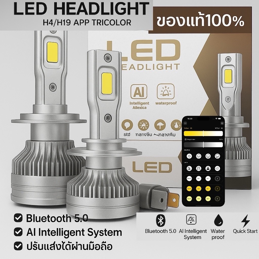 🌟ปรับความสว่างผ่านapp🌟หลอดไฟหน้ารถ T75 LED Head Light คัทออฟ พวงมาลัยขวา RHD ขั้ว H4 Mini Projector 