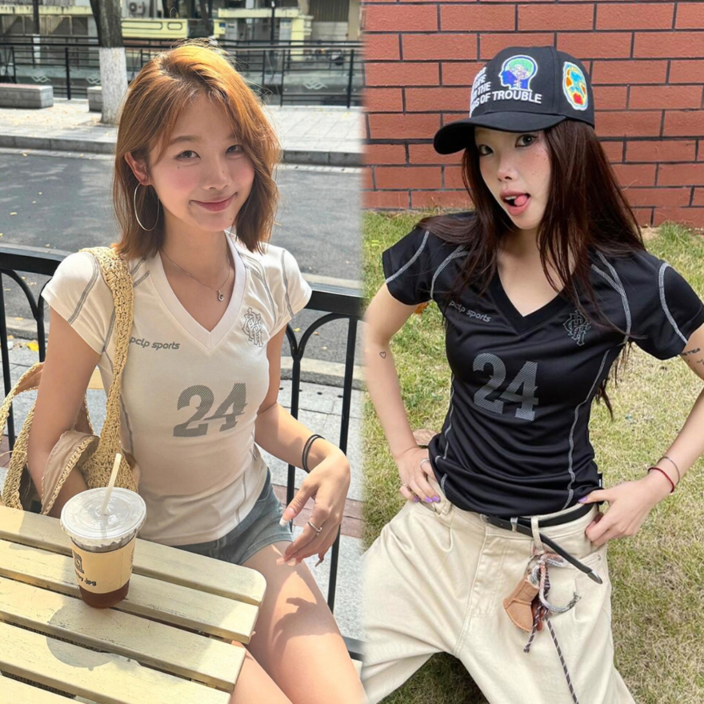 เสื้อยืดผู้หญิง เสื้อยืดเเขนสั้น ทรงเข้ารูป โชว์เอว สุดเเท่#2344