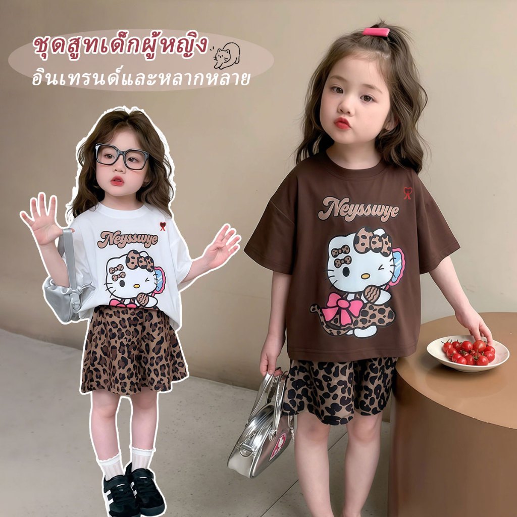 Beryl kids ชุดเด็กผู้หญิงน่ารัก เสื้อยืดแขนสั้นแมวการ์ตูน+กางเกงขาสั้นลาย ชุดฤดูร้อนสองชิ้น ลำลองแฟชั่น ใส่สบาย