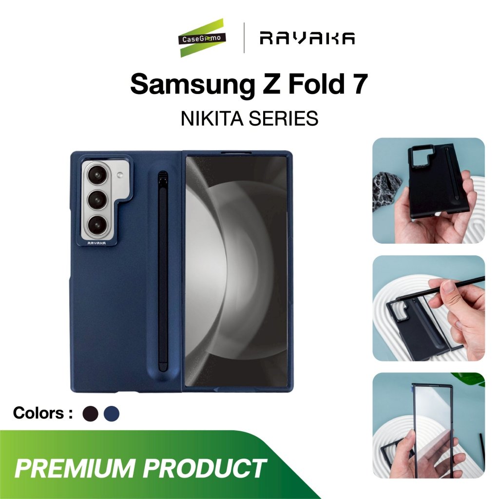 RAVAKA รุ่น Z Fold 7 เคสแบบบาง เคสพร้อม S Pen และกรอบกระจกใส เคส สีดำ สีกรม Nikita Series Case