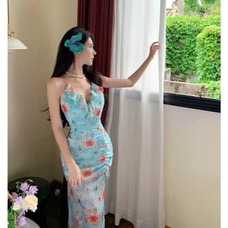 แม็กซี่เดรสสายเดี่ยว แบบผูก คอวีแต่งระบาย สีพื้นลายดอกไม้ ผ้าตาข่ายมีซับใน ผ่าข้างขวา เอวสม็อค #8138