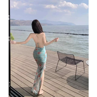 แม็กซี่เดรสสายเดี่ยว แบบผูก คอวีแต่งระบาย สีพื้นลายดอกไม้ ผ้าตาข่ายมีซับใน ผ่าข้างขวา เอวสม็อค #8138