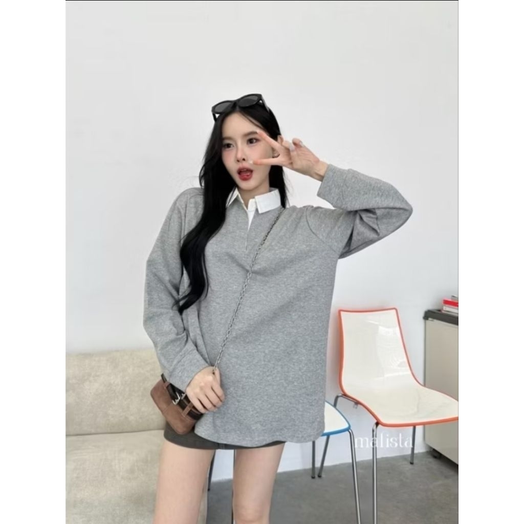 ส่งต่อ เสื้อโปโลแขนยาว Basic ร้าน Peony rabbit store  สีเทาปกขาว freesize อกได้ถึง 48 ใส่แค่ครั้งเดี