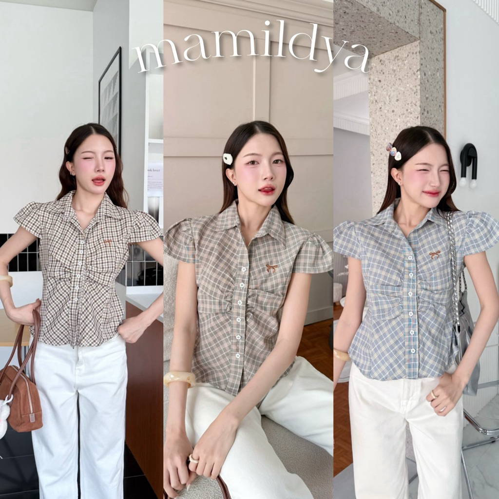 🌟Mamildya.shop🌟 เสื้อเชิ้ตคอปกทรงคอวี เนื้อผ้าคอตตอนเชิ้ต/G1-2/COOK-จีบC⚫