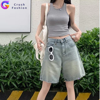 Crush กางเกงขาสั้นผ้ายีนส์กระเป๋าธรรมดาแบบลําลองสําหรับผู้หญิง ฤดูร้อนอินเทรนด์กางเกงยีนส์กลางหลวมจัดส่งจากกรุงเทพ