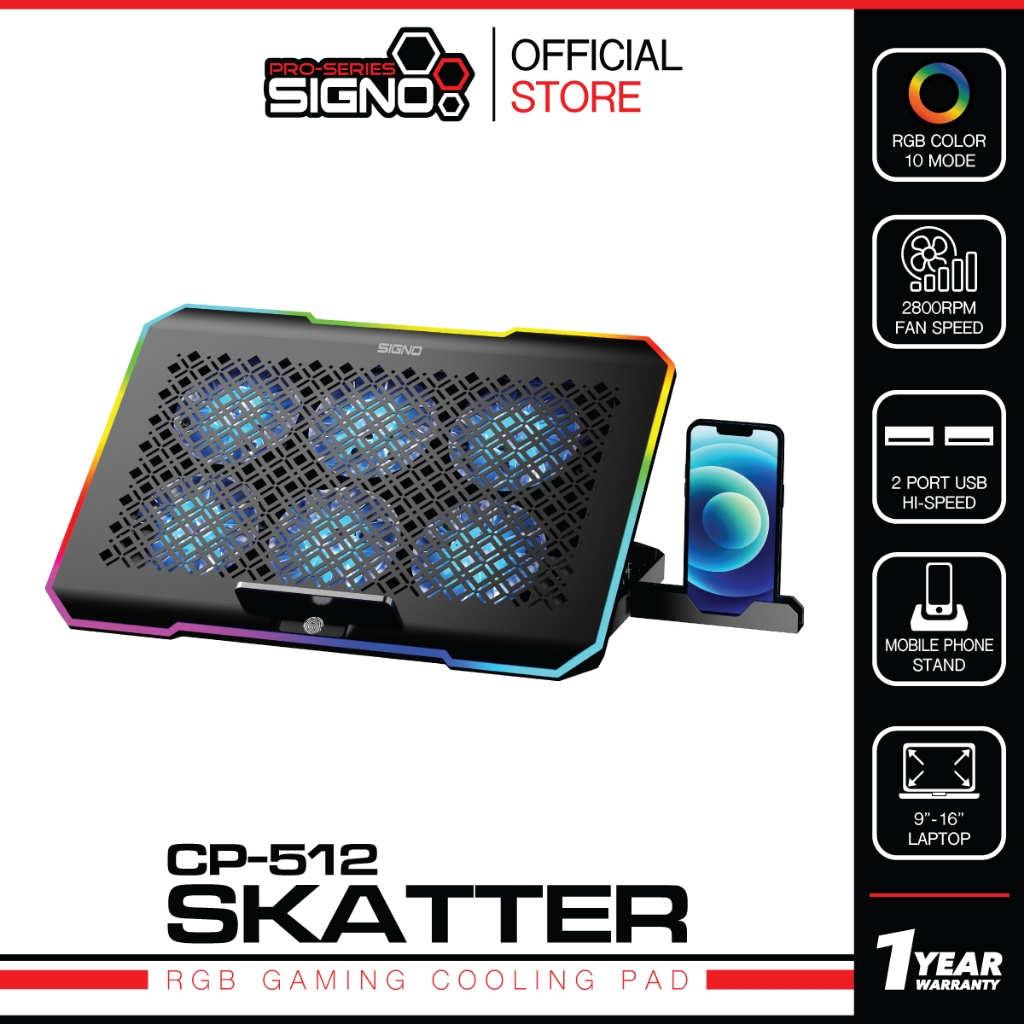 SIGNO CP-512 พัดลมระบายความร้อนโน๊ตบุ๊ค Notebook Cooling Pad 6 ใบพัด ไฟ RGB ปรับระดับได้ มีพอร์ต USB