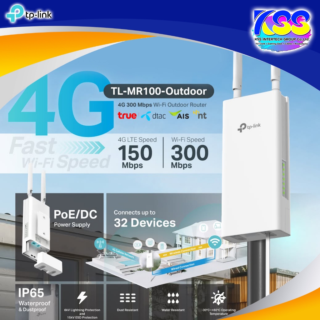 TP-Link TL-MR100-Outdoor  4G 300 Mbps Wi-Fi Outdoor Router เราเตอร์ใส่ซิม ภายนอกอาคาร