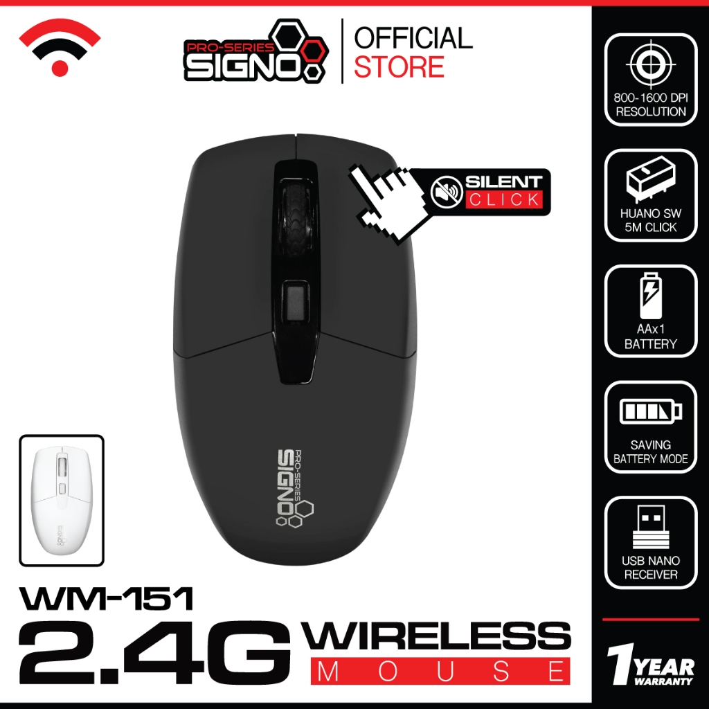 SIGNO WM-151 เมาส์ไร้สาย Wireless Mouse 800-1,600 DPI คลิ๊กไม่มีเสียง มีระบบประหยัดพลังงาน