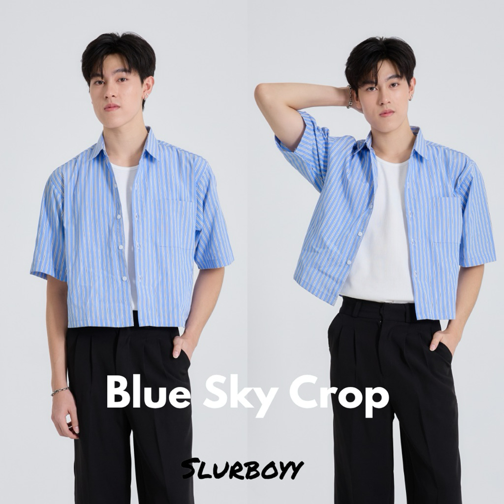 SLURBOYY Blue Sky Crop เสื้อเชิ้ตทาง ทรงครอบ กระเป๋าเดี่ยว (SB0838)