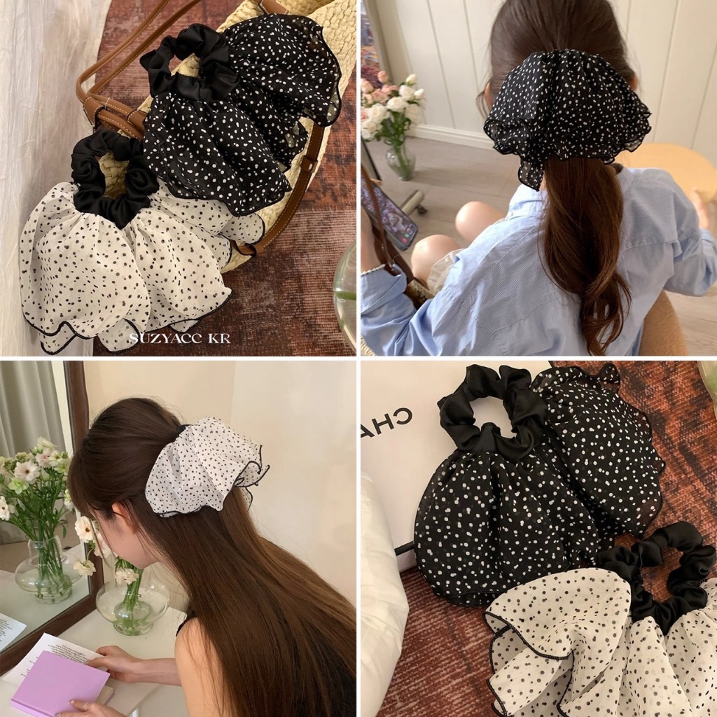 พร้อมส่ง!🇹🇭 ราคา/ชิ้น ยางรัดผมพองฟู ยางรัดผมลายจุดพองใหญ่ ผ้าชีฟอง เนื้อเบา ไม่ดึงรั้งผม เนื้องานเกาหลี เกรดพรีเมี่ยม
