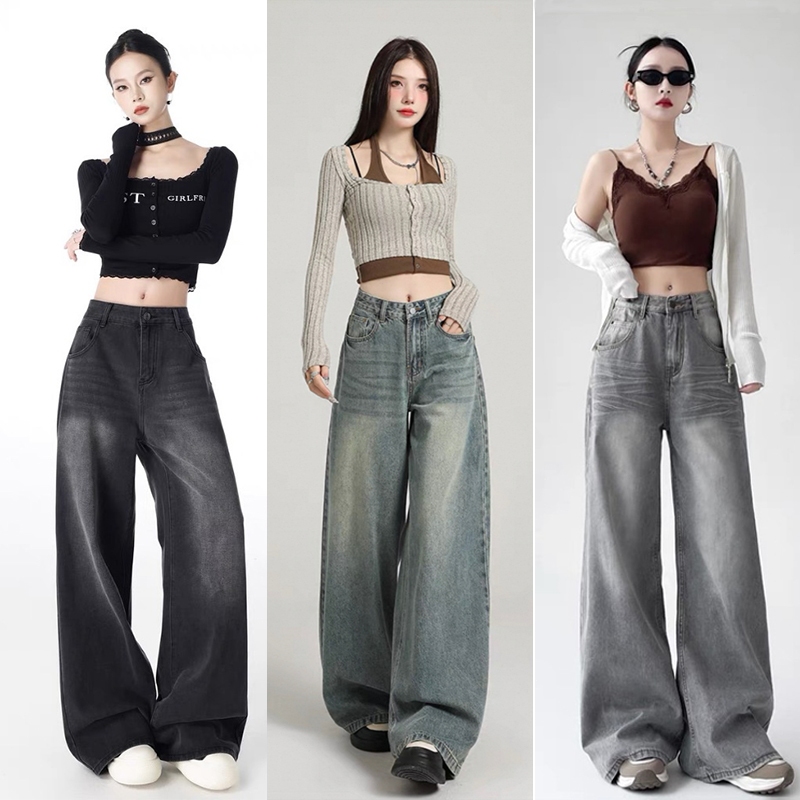 🔥919nn🔥เอวสูง ยีนส์สนิมเขียวฟอก กางเกงยีนส์กระบอกใหญ่ กางเกงยีนส์ ไซส์ XS-2XL