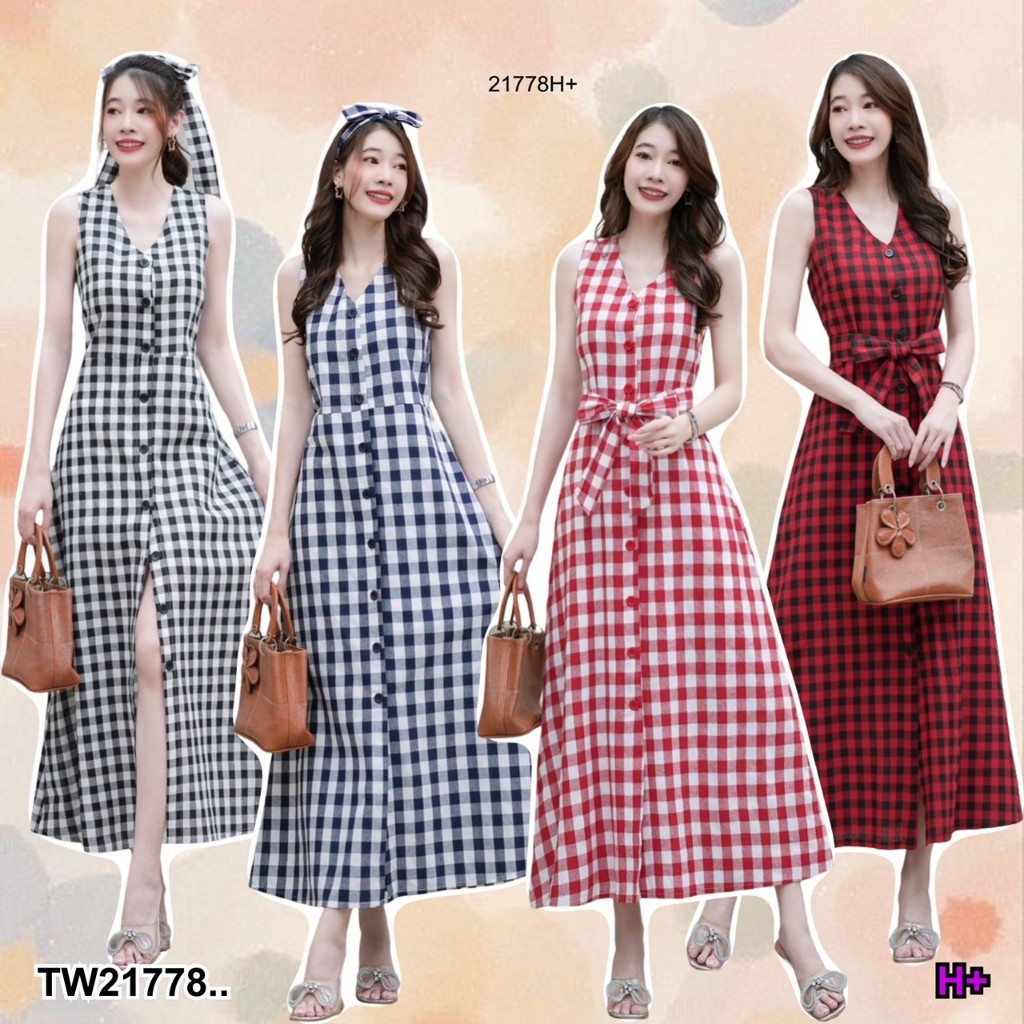 เดรสแขนกุดสก๊อต กระดุมหน้า + สายผูก .. TW21778 TwinsShopVip💗พร้อมส่ง