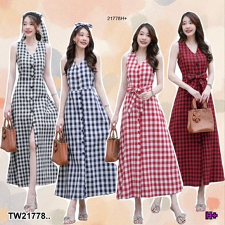 เดรสแขนกุดสก๊อต กระดุมหน้า + สายผูก .. TW21778 TwinsShopVip💗…