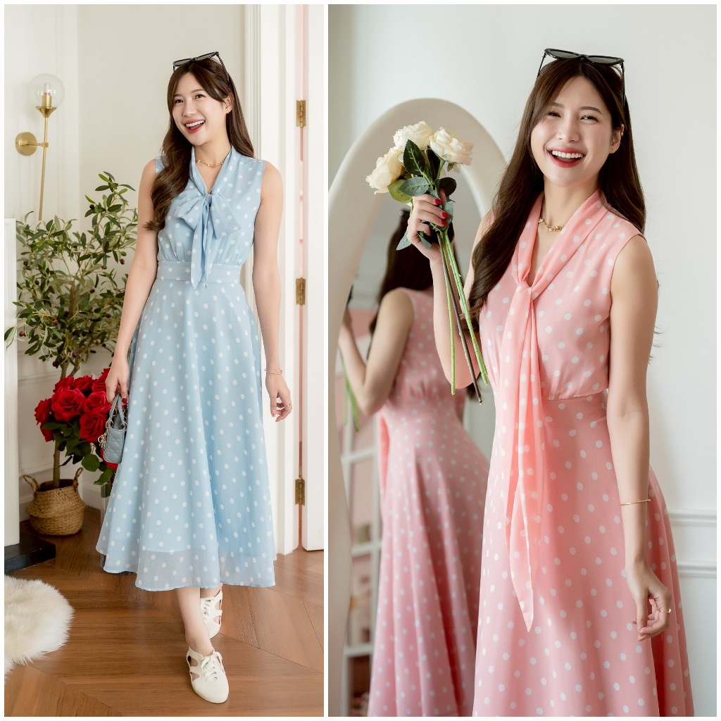 PD325 Polkadot Midi Dress เดรสผ้าชีฟอง คอวี ผูกโบว์  กระโปรงยาวบานย้วย