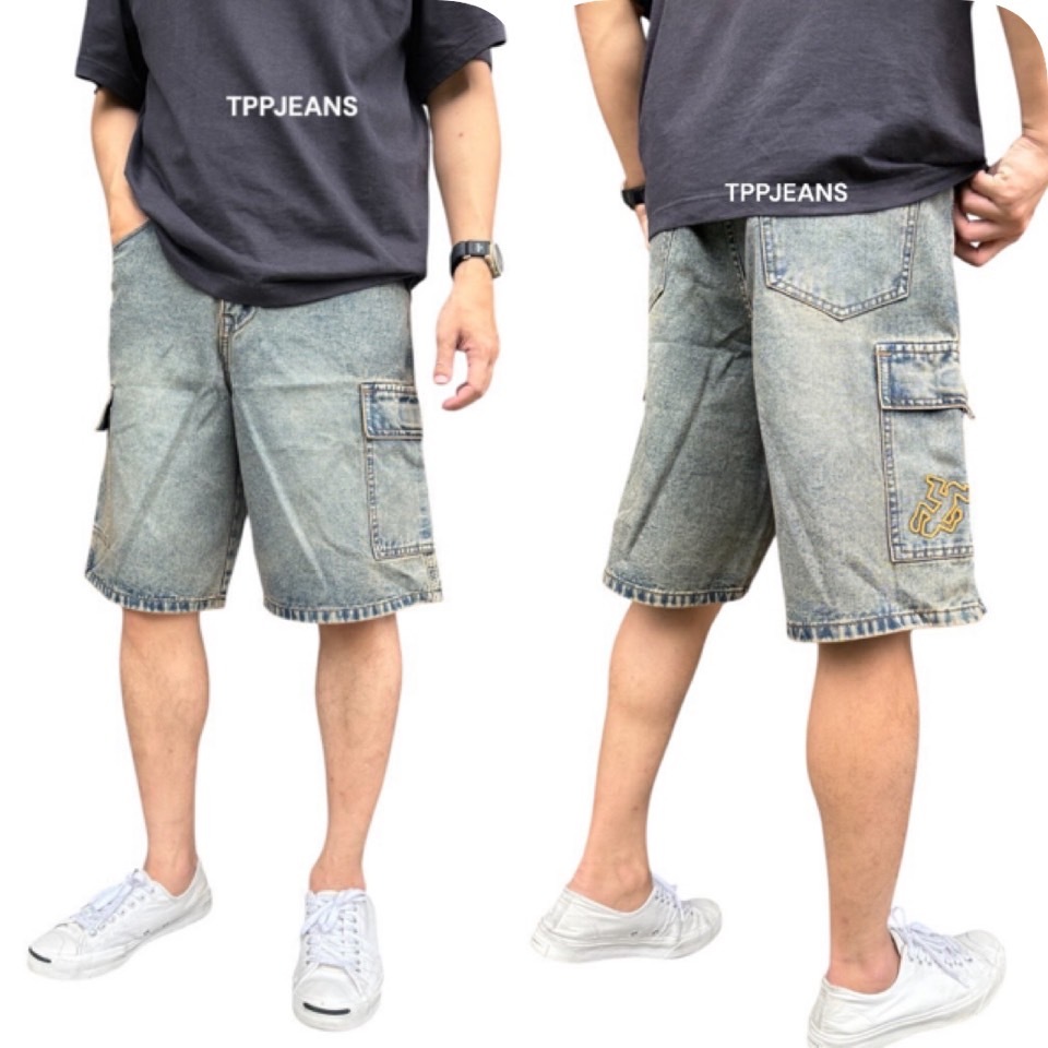 JEANSEXPRESS Cargo Shorts กางเกงยีนส์ขาสั้นชาย ทรงจอร์จ 5ส่วน กระเป๋าข้าง สีบลูฟอกซีด เป้าซิป Size 26-36