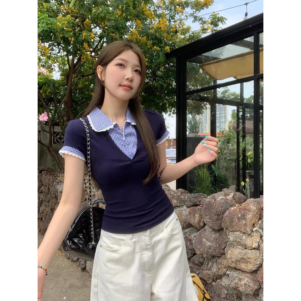 ส่งทันที Cici(NO. Y6337)เสื้อแขนสั้นผ้ายืด ดีเทลเย็บ2ชั้น คอปกลายตาราง ซิปหน้ารูดได้ สไตล์น่ารักวินเทจ - รูปที่ 5