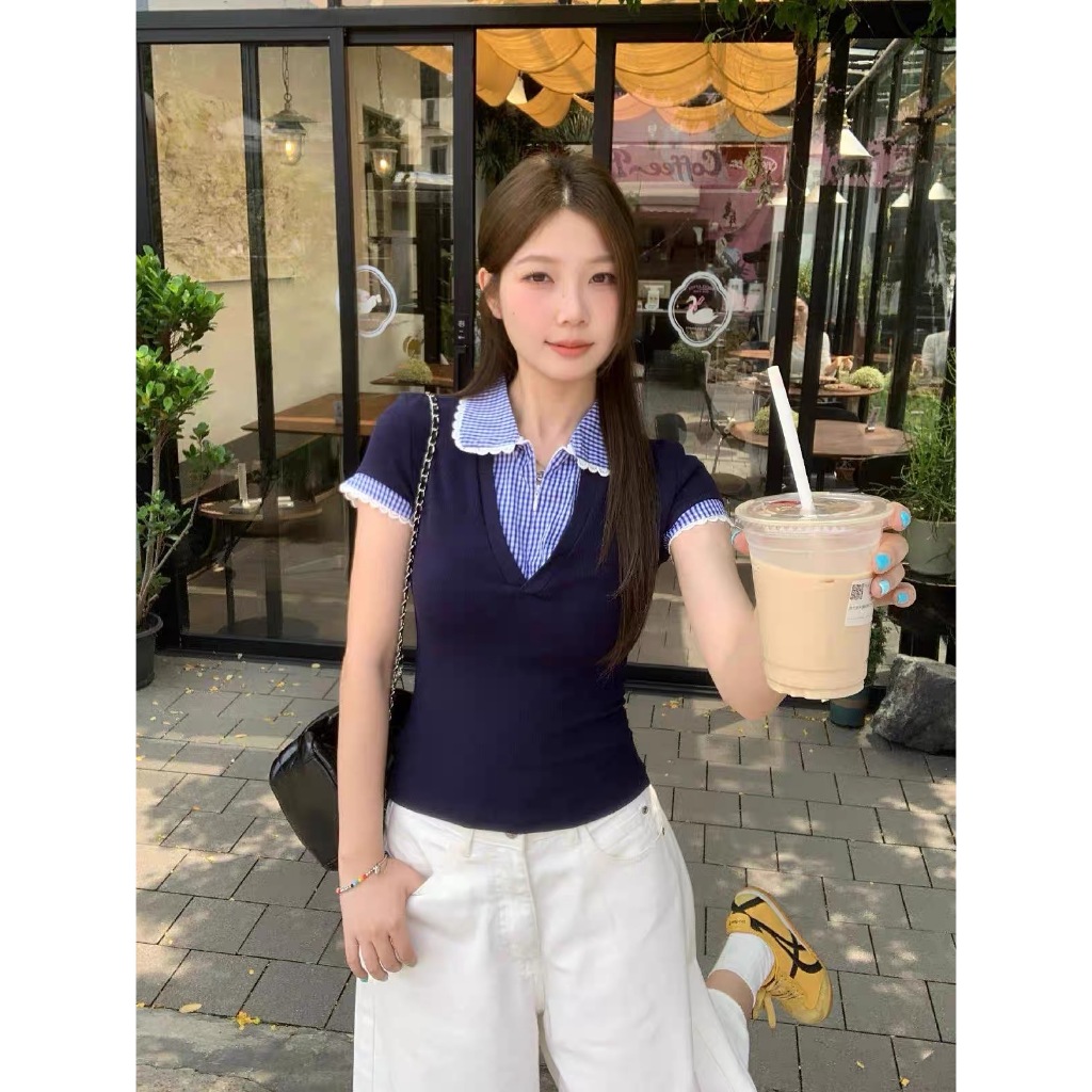 ส่งทันที Cici(NO. Y6337)เสื้อแขนสั้นผ้ายืด ดีเทลเย็บ2ชั้น คอปกลายตาราง ซิปหน้ารูดได้ สไตล์น่ารักวินเทจ - รูปที่ 7