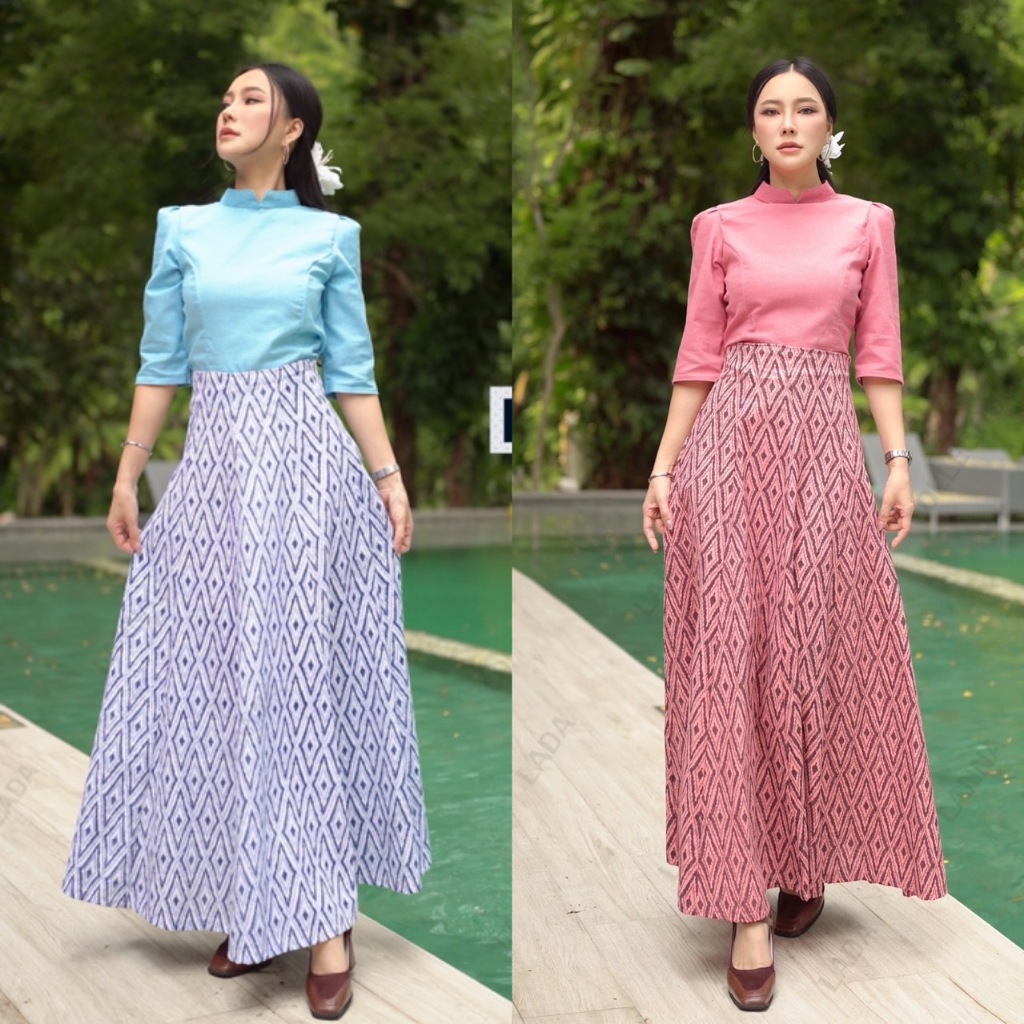เซ็ทเสื้อบรมพิมานแขน4ส่วนและกระโปรงทรง8ชิ้นลายไทยมี2สี