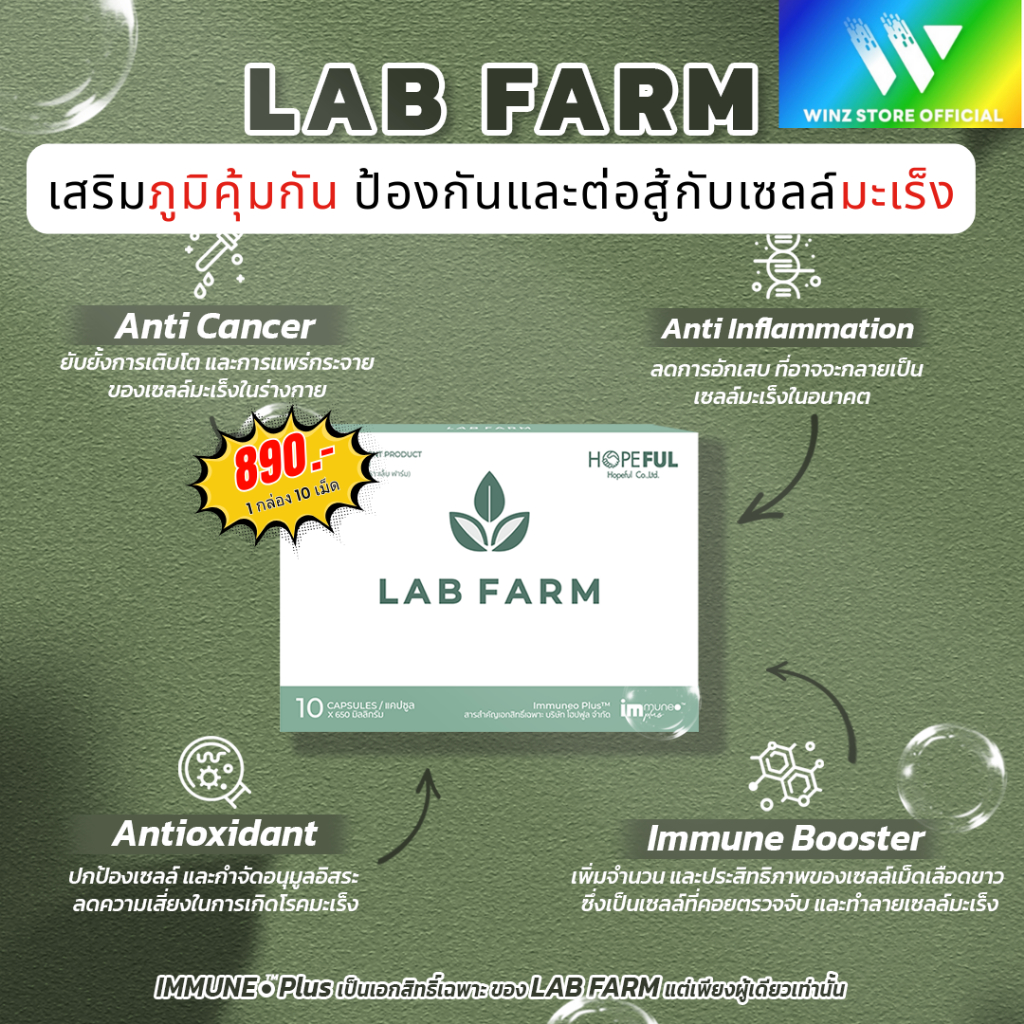 แล็บฟาร์ม (Lab Farm) อาหารเสริมภูมิต้านทานมะเร็ง  ราคาพิเศษ 1 กล่อง บรรจุ 10 แคปซูล