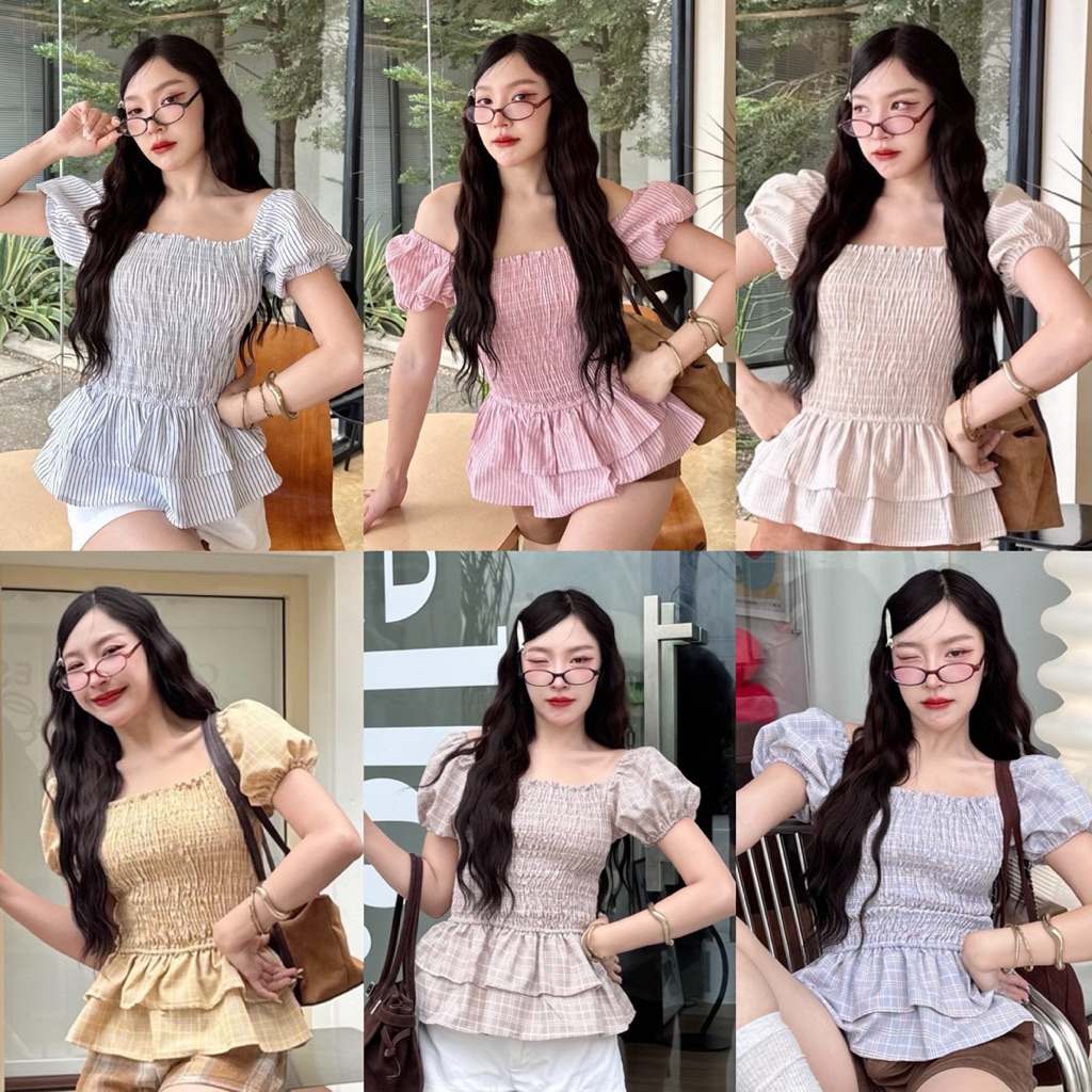 Cookies bear เสื้อแขนบอลลูนสม็อคตัว แต่งชายระบาย 2 ชั้น ใส่ปาดไหล่ได้