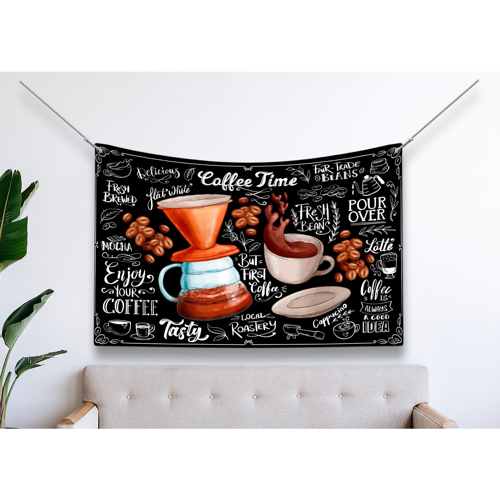 ป้ายผ้า C001 ร้านกาแฟ (มีของแถม) ป้ายผ้าแต่งร้าน กาแฟ สำหรับ คนขายกาแฟ ผ้าพิมพ์ลาย ทนแดด ทนฝน แบรนด์ไทย รับประกัน