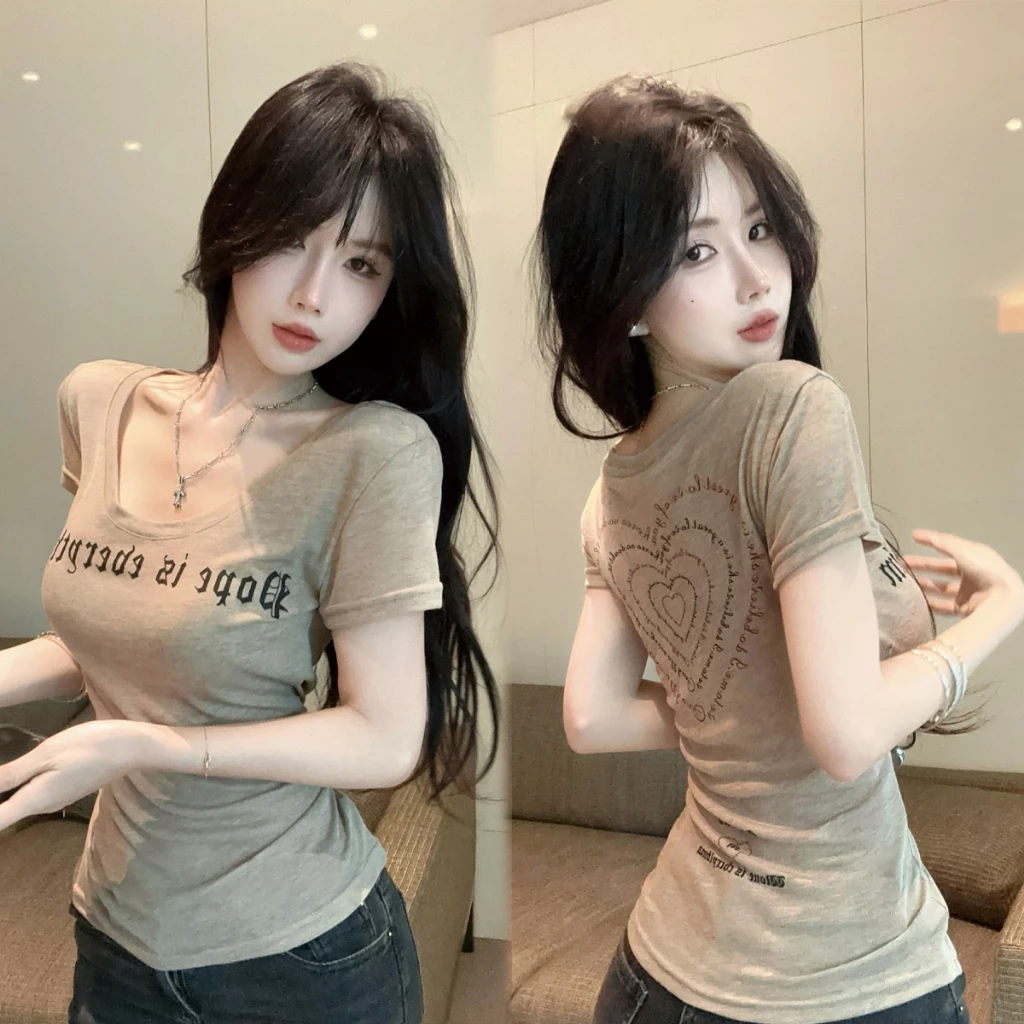 เสื้อยืดคอกลม เสื้อครอปพิมพ์ลาย นุ่มสบาย ผ้ายืดได้ ระบายอากาศดี รัดรูป #2327