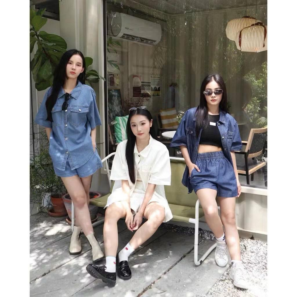 Pradap_brand:NO LABAL white denim set S, M (เสื้อและกางเกง) ผ้าดีมาก ใส่สบาย