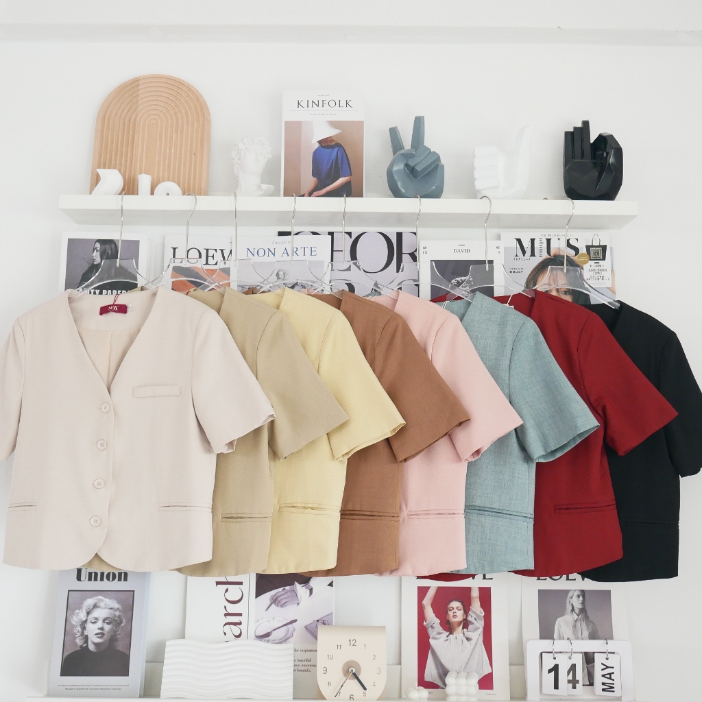 Lawyer Closet | [73012] ชุดสูทกระดุมแฟชั่นสำหรับผู้หญิง คอวีแขนสั้น เสื้อแจ็คเก็ตคอวี เนื้อผ้าใส่สบาย แมทช์ได้ หลายลุค ต - รูปที่ 6