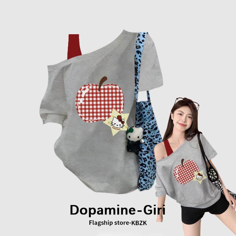 เสื้อเปิดไหล่สาวอวบ เสือใส่สบาย oversize สไตล์เกาหลีน่ารัก เสื้อยืดนิ่ม สกรีนลายน่ารักๆ สื้อโชว์ไหล่ เหมาะสำหรับฤดูร้อน