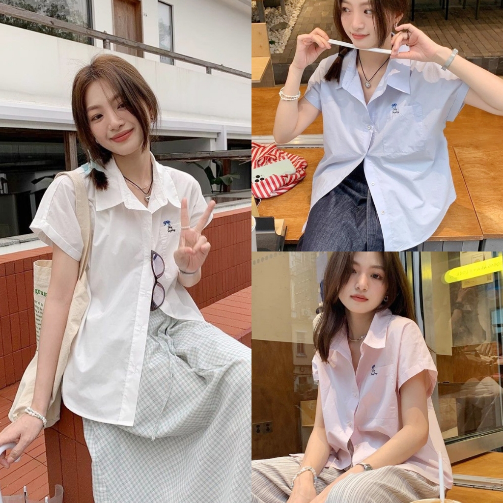 เสื้อเชิ้ต เสื้อยืดผู้หญิง สไตล์เกาหลี มีปักในกระเป่า สไตล์วิทยาลัย#2334
