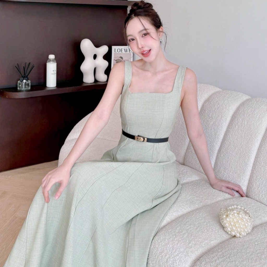 A407 -เดรสยาวผ้าทอลาย แถมเข็มขัด