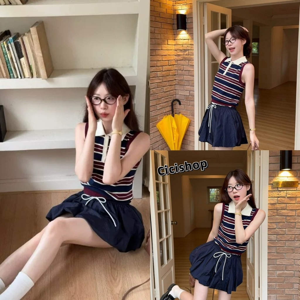 Cicishop(A2807) เสื้อแขนกุดไหมพรมคอปกลายทาง ผ้ายืด สไตล์ฤดูร้อนย้อนยุควินเทจ