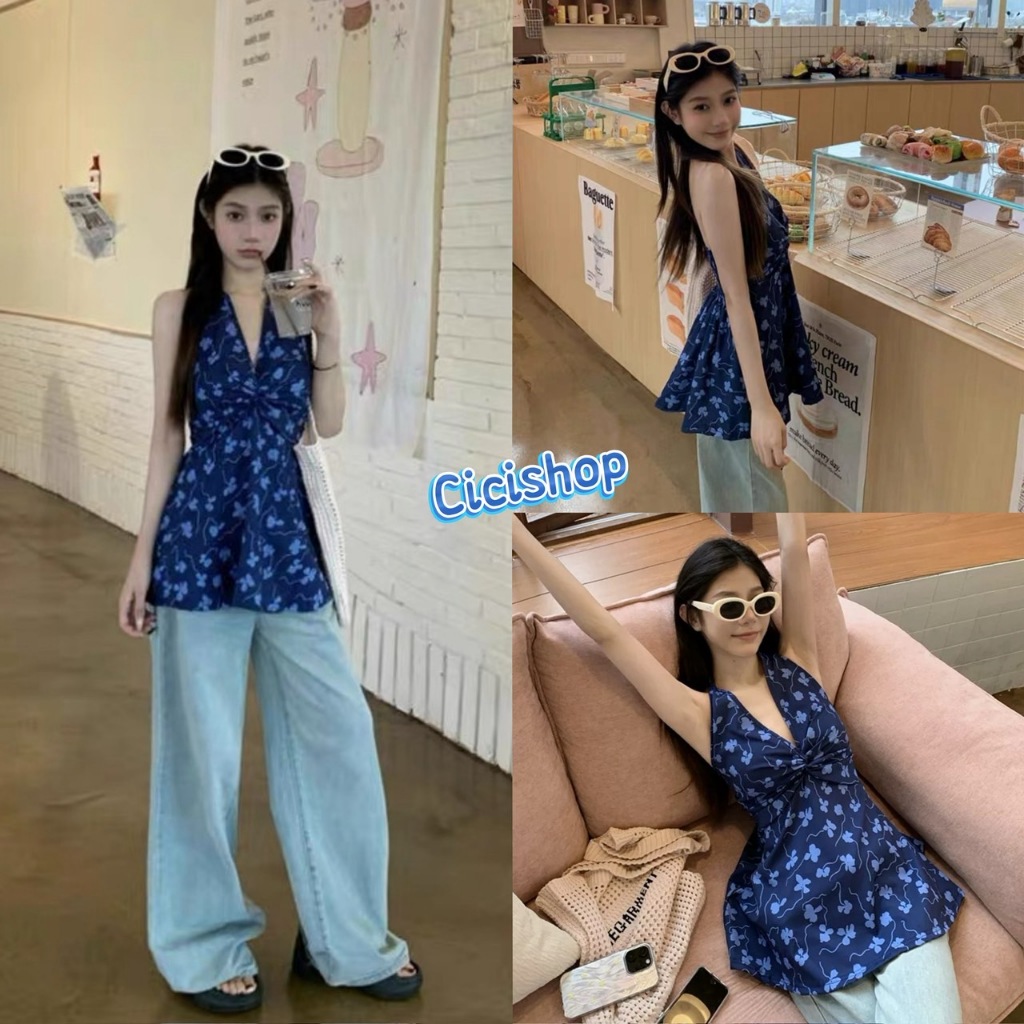 Cicishop(J2187) เสื้อคล้องคอสม็อคหลัง ผ้าพิมพ์ลายดอกไม้สีน้ำเงิน ทรงรัดรูป สไตล์ฝรั่งเศส