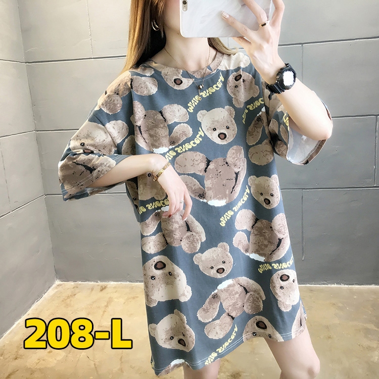 เสื้อยืดแขนสั้นแฟชั่นผู้หญิงฤดูร้อนสไตล์ใหม่พิมพ์ขนาดใหญ่หลวมฤดูร้อนเกาหลีผ้าฝ้ายคอกลมยาวปานกลางเสื้อยืดการ์ตูนน่ารัก