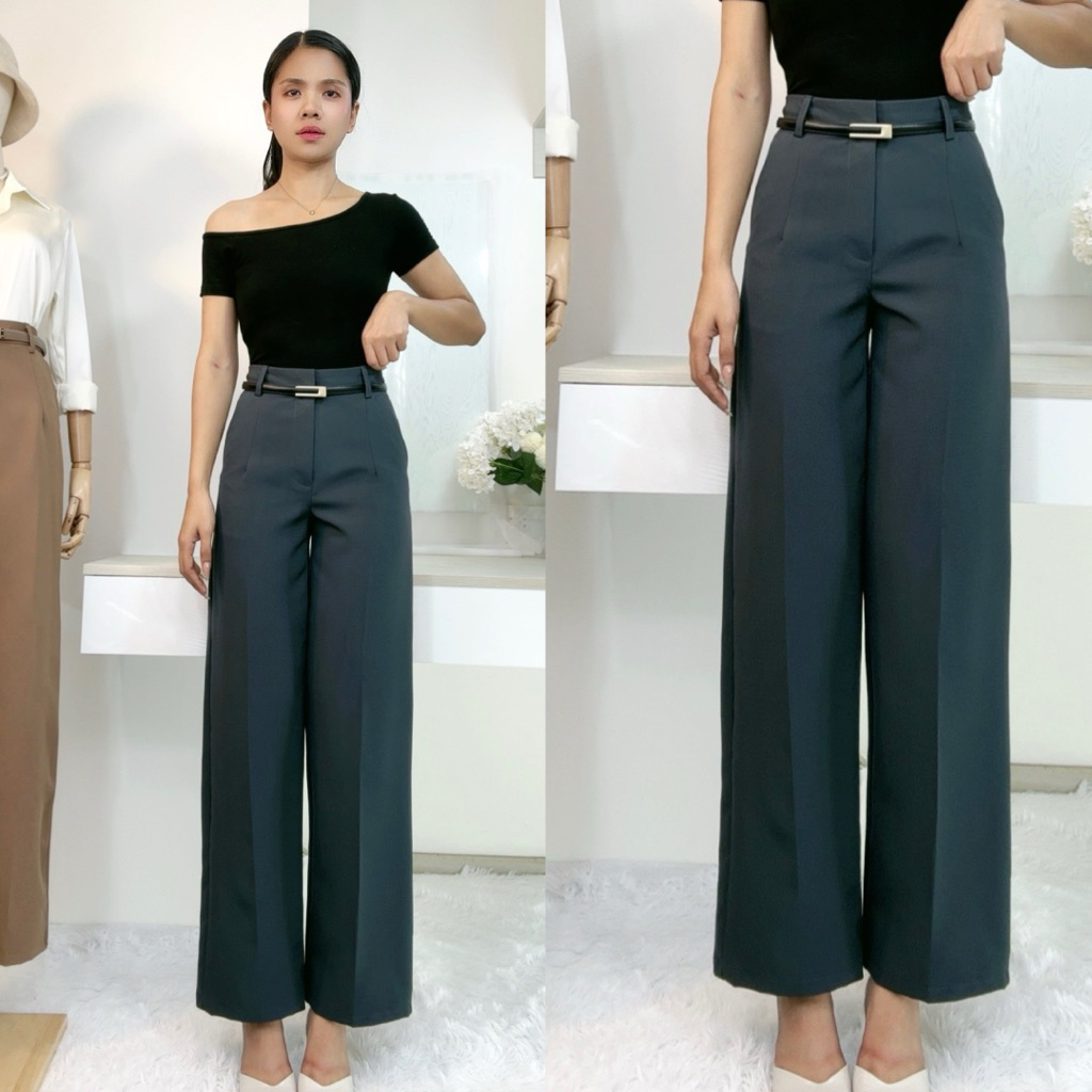 กางเกงทำงานทรงขากระบอกกลาง มีหูใส่เข็มขัด ตะขอหน้า เอวสูง ผ้าไอด้า เกรด Premium [B9] - รูปที่ 5