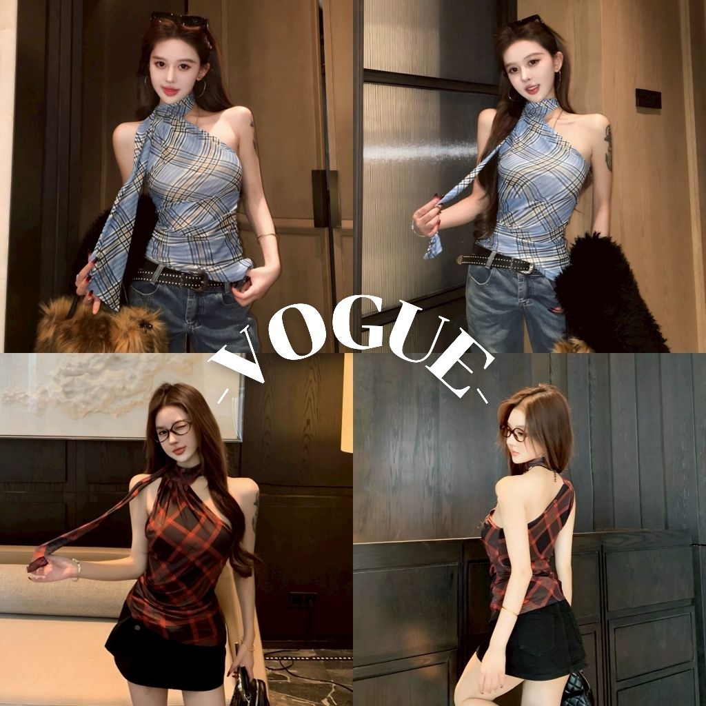 Vogue🌟พร้อมส่ง🌟 เสื้อกล้าม ลายสก็อตสีฟ้าแดง ทรงพอดี เรียบหรู (FY250)