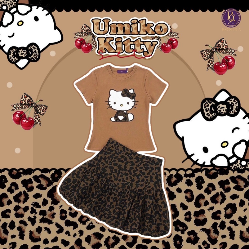 (มี2XL) Boniga สีน้ำตาล Umiko Kitty Set เซ็ต 2 ชิ้น เสื้อยืดงานปัก + กระโปรงทรงบอลลูนเกาหลีผ้ายีนส์ 