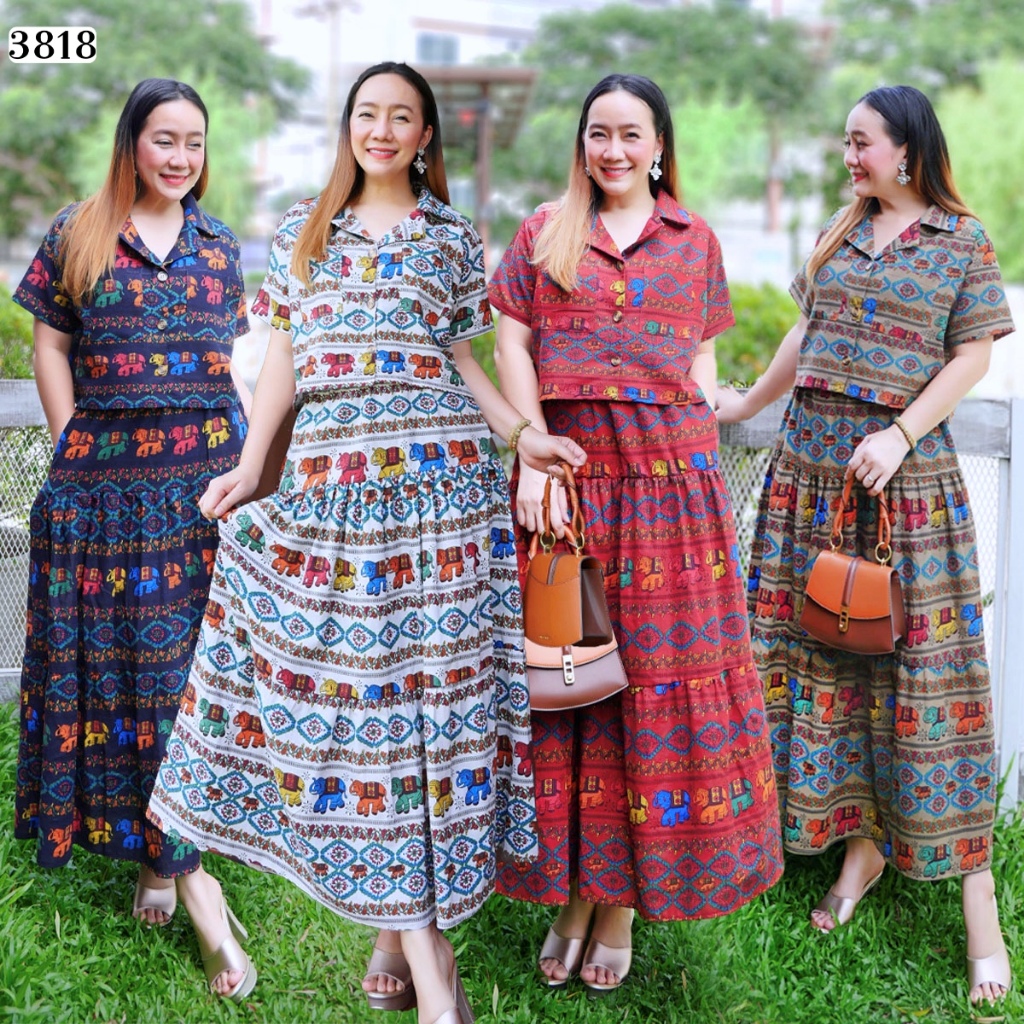 3818 ชุดเซทคู่ ผ้าฝ้ายพิมลาย เสื้อครอป กระดุมหน้า กระโปรงผ้าฝ้าย ชุดเซทใส่ไปวัดทำบุญ ชุดสำหรับผู้หญิง