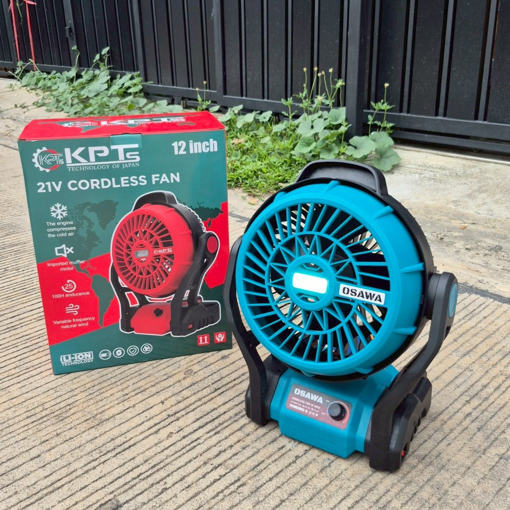 -OSAWA พัดลมไร้สาย พัดลม 12 นิ้ว 2 ระบบ AC/DC ปรับแรงลมได้ Cordless Fan มีไฟ LED ส่องสว่าง พัดลมแบตเตอรี่ 21V 10เซลล์-