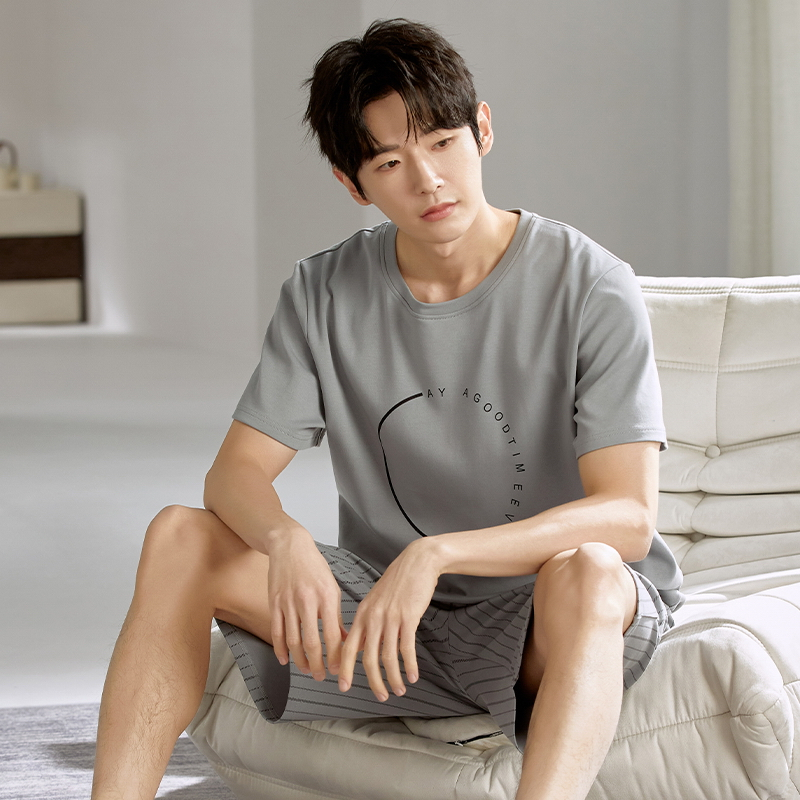 เสื้อผ้าผู้ชาย,ชุดนอนผู้ชาย,ผ้าฝ้ายคุณภาพสูง,เสื้อแขนสั้น+กางเกงขาสั้น,สไตล์ลําลอง,L-3XL