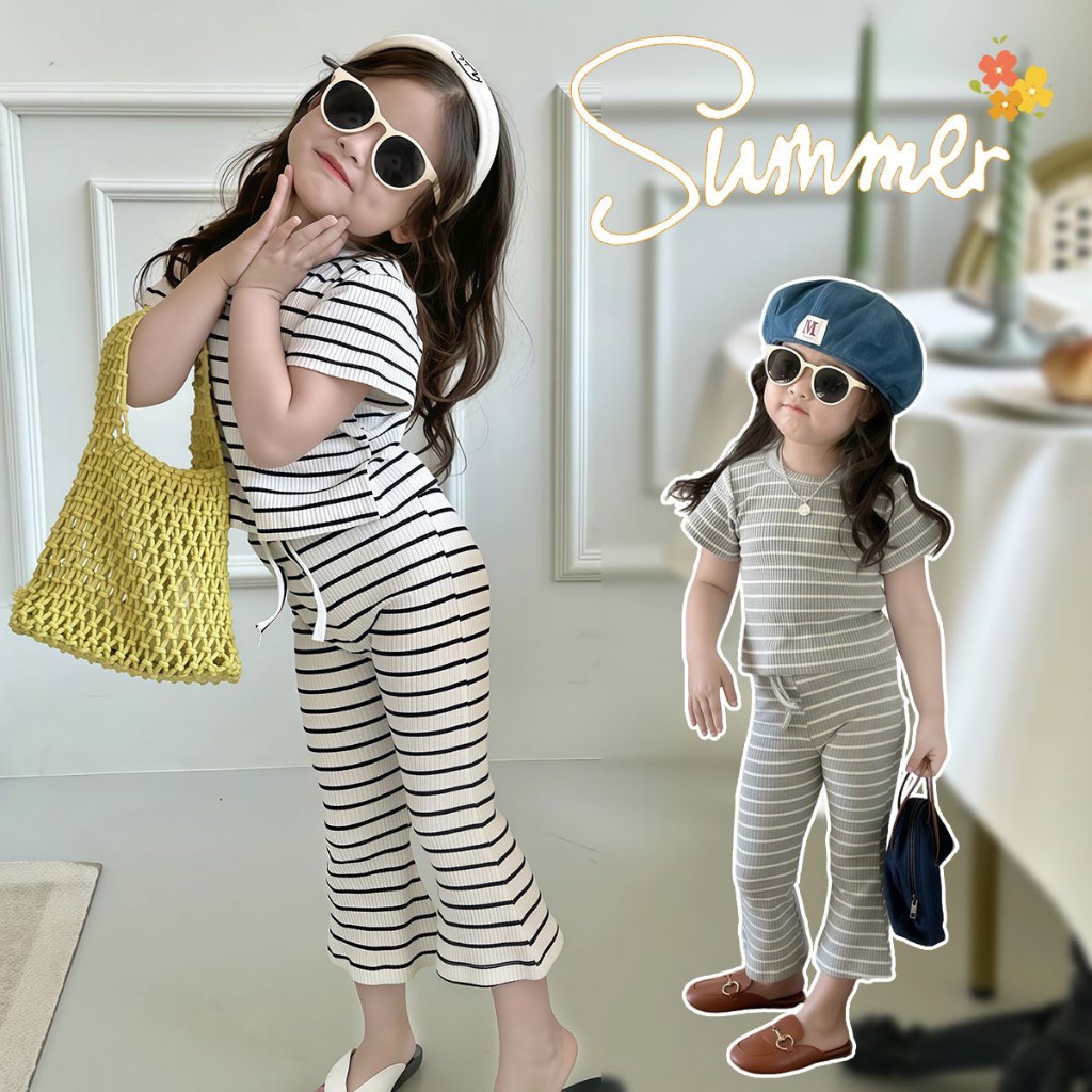 Beryl kids🌸ชุดเซ็ทเด็กสาวแฟชั่น🎀ชุดสูทแขนสั้นฤดูร้อน สำหรับเด็กผู้หญิง เสื้อลายทางและกางเกงขายาว ชุดสองชิ้นน่ารัก