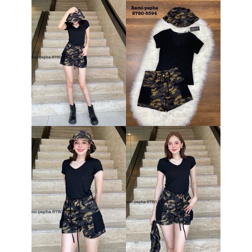 M7 Ramipapha Set ชุดเซ็ทเสื้อยืดสีดำ+กางเกงขาสั้นลายทหาร+หมวก สำหรับผู้หญิง เสื้อผ้าแฟชั่นผู้หญิง ไซ