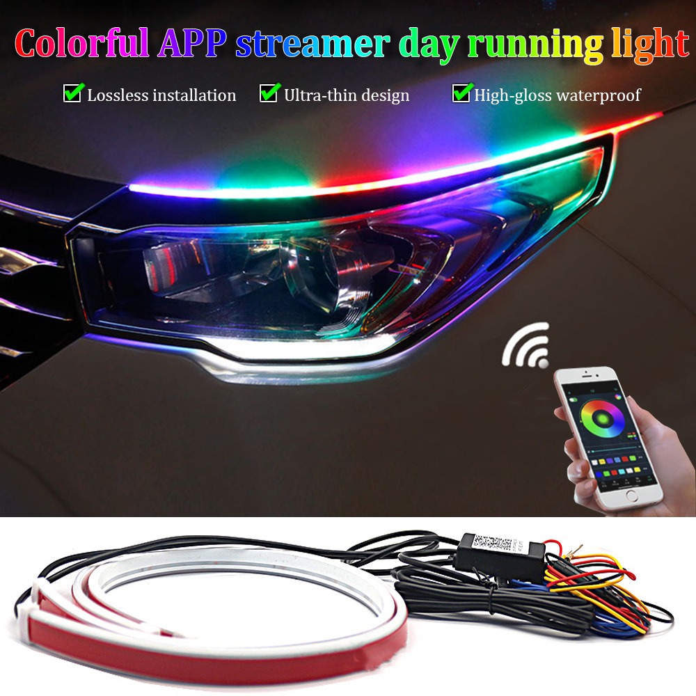 2ชิ้นรถ LED นีออนไฟ DRL RGB ไฟวิ่งกลางวัน APP และรีโมทคอนโทรลไฟท้ายแถบสีสันไหลเลี้ยวสัญญาณกันน้ำ