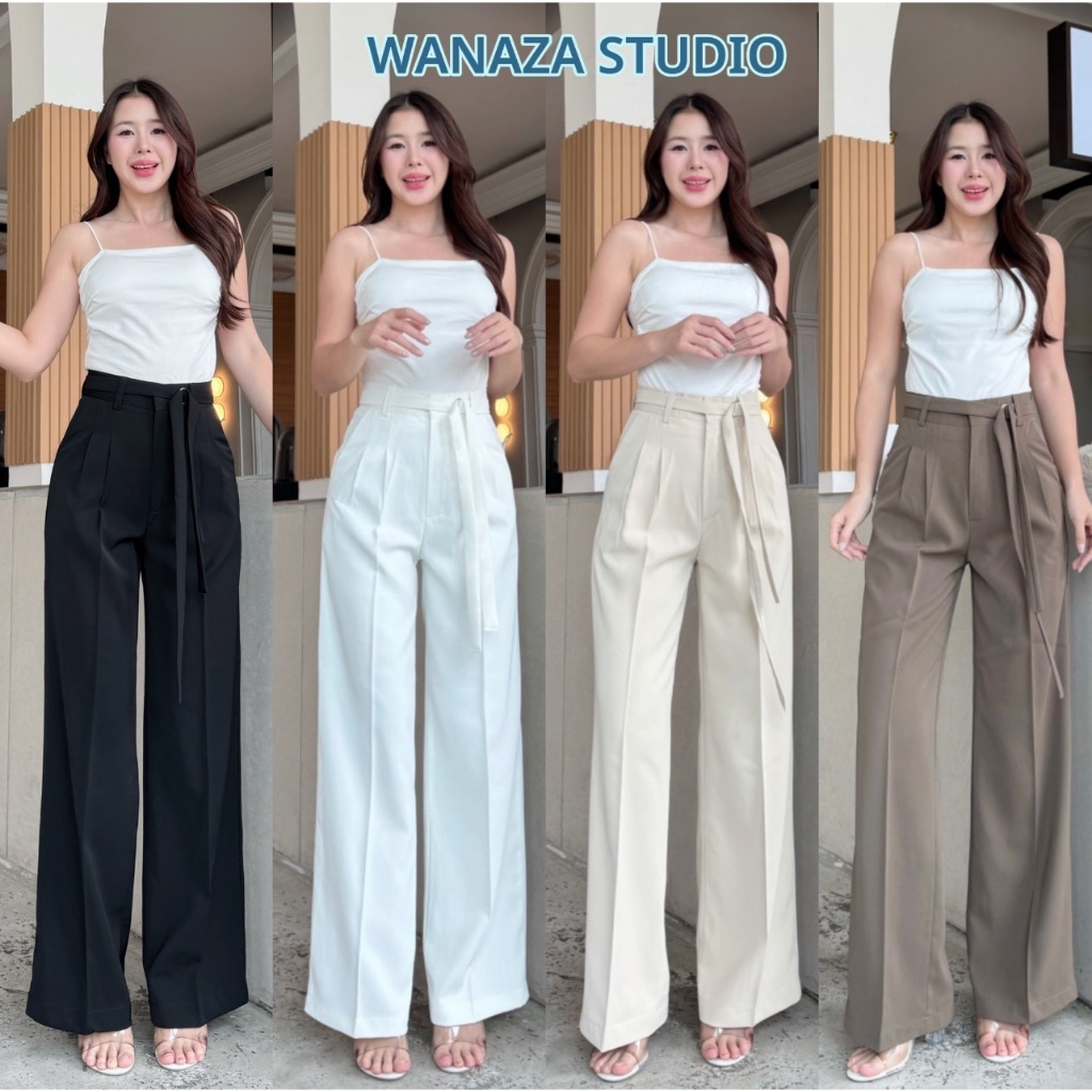 WT37 รุ่น Linly Belt กางเกงทรงกระบอกกลาง มีสายเข็มขัด กางเกงขายาว ผู้หญิง เอวสูง พรางหุ่น พรางสะโพก ใส่ทำงาน ผ้าพริ้ว