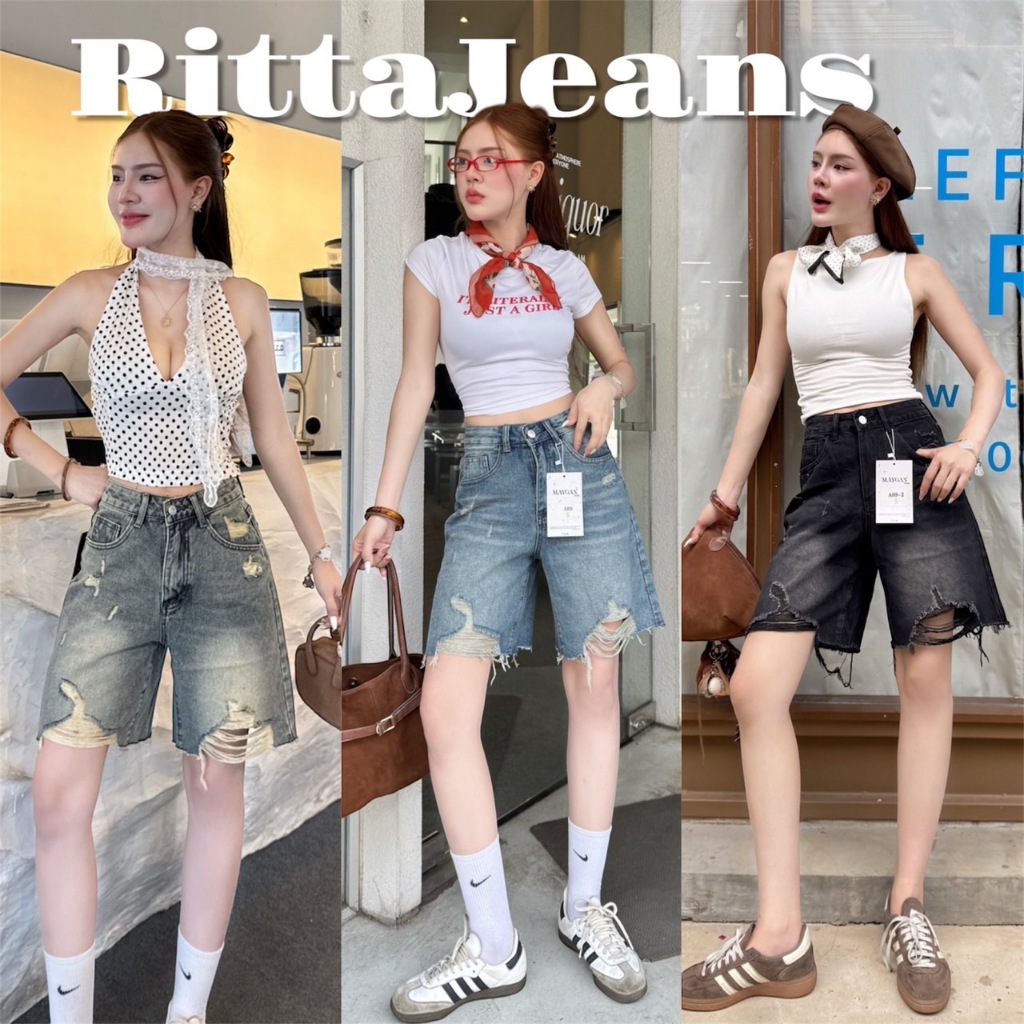 RittaJeans กางเกงยีนส์ 3ส่วน รุ่น Millie Mine เอวสูง แต่งขาด ยาว 18 นิ้ว (M-G)