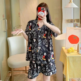ชุดนอนคอปก ชุดนอนผู้หญิง ชุดนอนลายการ์ตูน ผ้าคอตตอน เสื้อแขนสั้น+กางเกงขาสั้น ชุดนอนน่ารัก ผ้านิ่มมาก งานใส่สบาย EL