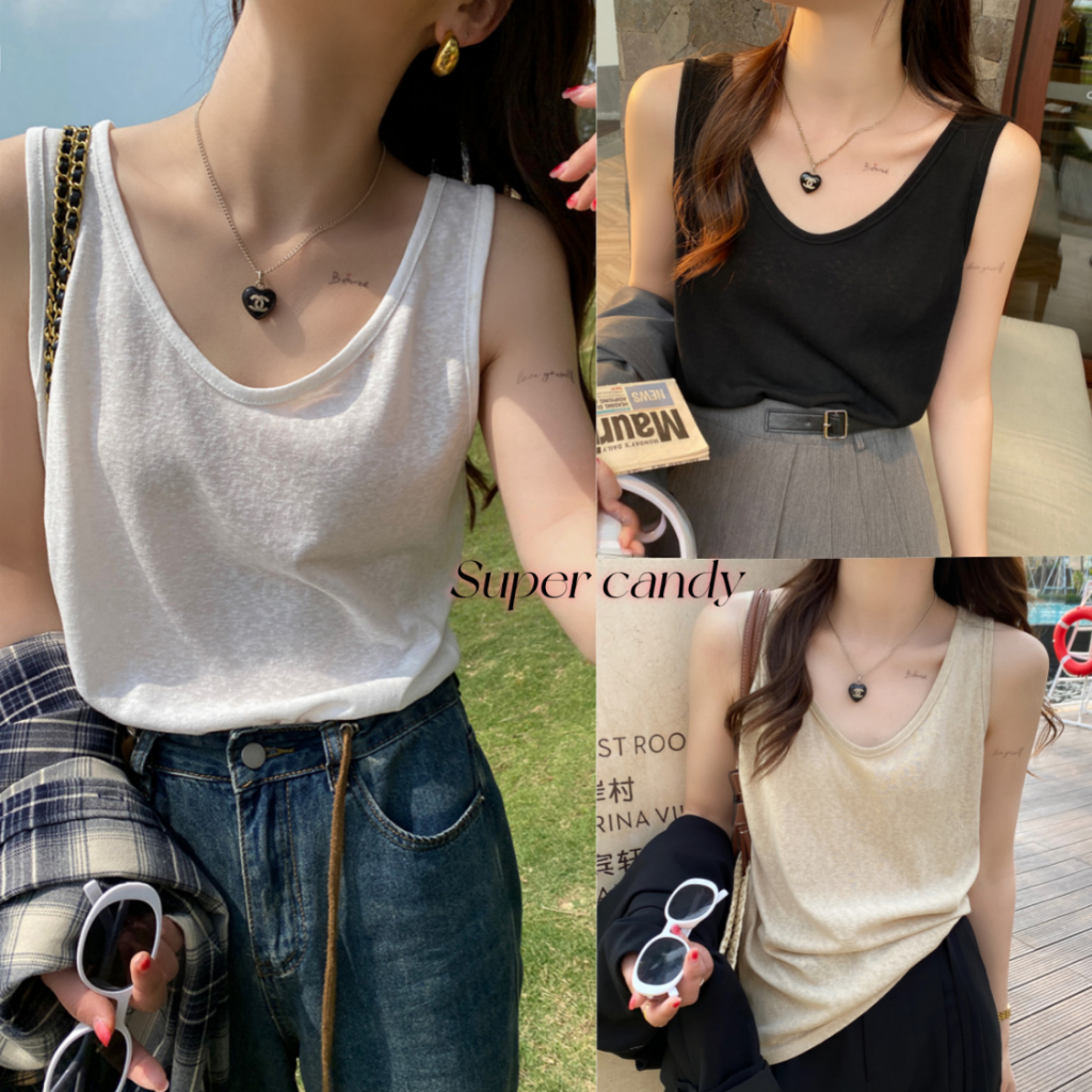 SuperCandy🌷เสื้อชั้นในสีขาวคอวีสำหรับผู้หญิง  เหมาะสำหรับฤดูร้อน สไตล์ลำลองหลวม เสื้อแขนกุดอเนกประสงค์